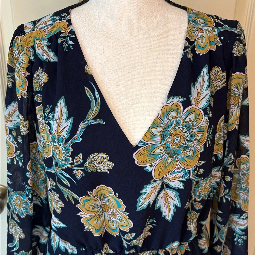J.Crew Bold Floral Tiered Long Sleeve Flounce Midi Dress Size 8 Navy Blue